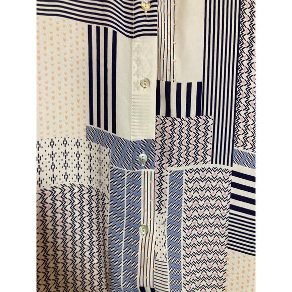 Rose + Olive Top Womens 2X Blue & Pink Patchwork Mixed Print Button Up Artsy - Picture 6 of 14